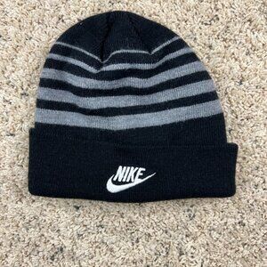 NIKE Youth Unisex Knit Striped Beanie Black Grey Hat With Logo